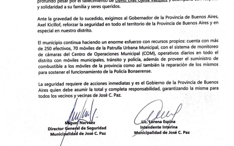 José C Paz le exige a la provincia más seguridad